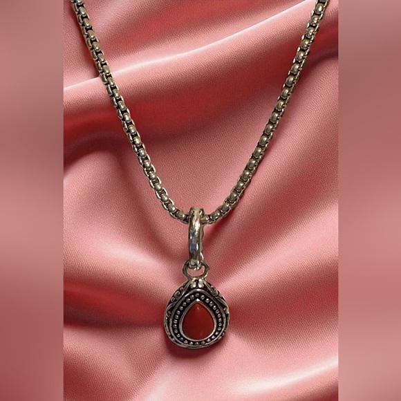 Premier Designs Teardrop Red Cabachon SilverTone Pendant Necklace 10” - Picture 10 of 13